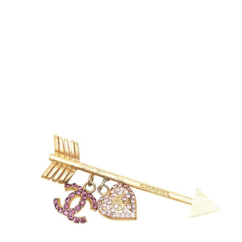 Chanel 02P CC Logo Heart Arrow Motif Brooch Gold Purple Pink Plating